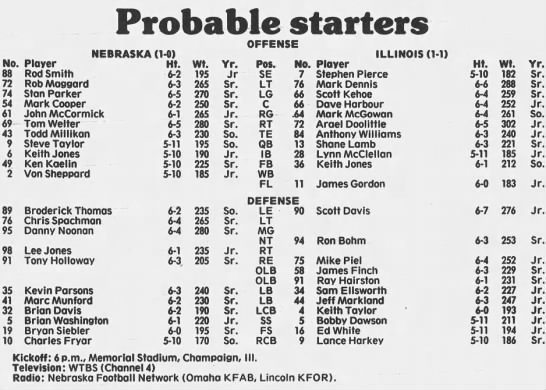 1986 Nebraska-Illinois lineups - 
