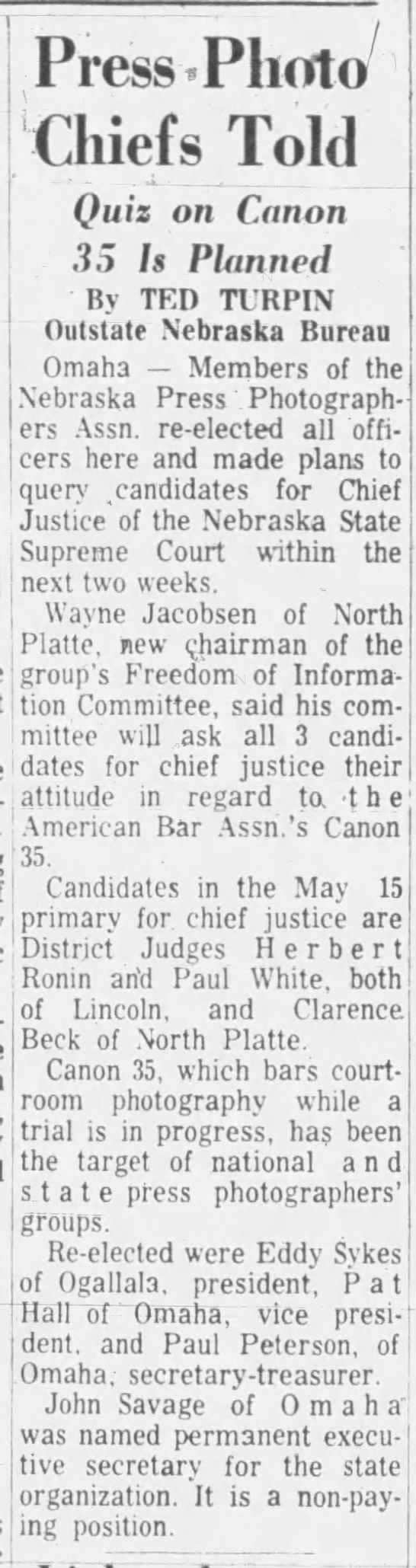 Turpin, Ted. Press Photo Chiefs Told, Lincoln Journal Star (Lincoln, Nebraska) 30 Apr 1961, page 22 - 