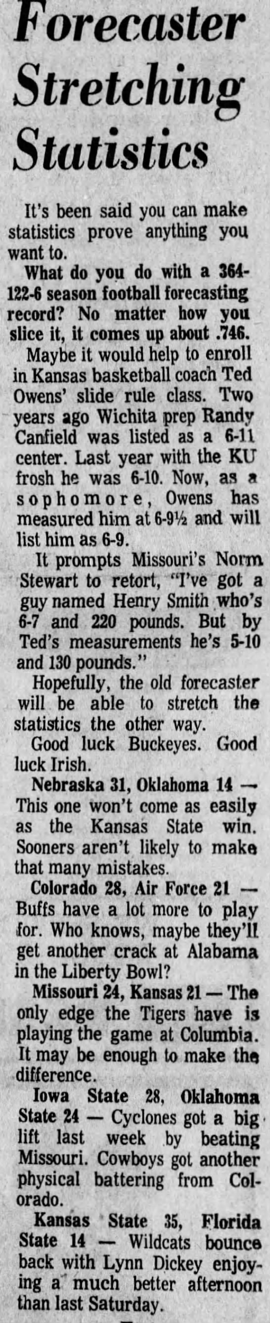 1970.11.20 Don Forsythe predictions, Oklahoma week - 
