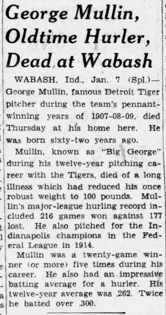 George Mullin, Oldtime Hurler, Dead at Wabash - 