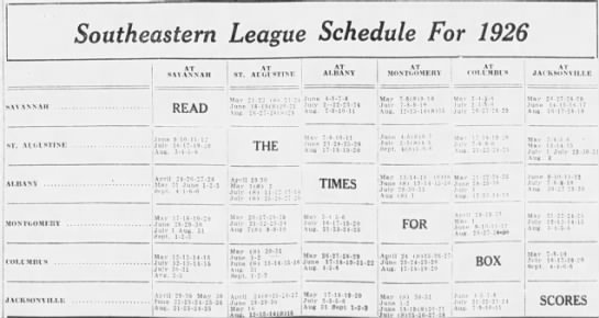 1926 Southeastern League schedule - 