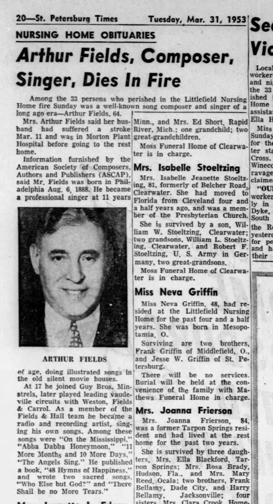 1953-03-31 - Arthur Fields obit - 