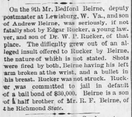 Beirne, Bedford, son of Andrew, shot by Rucker - 