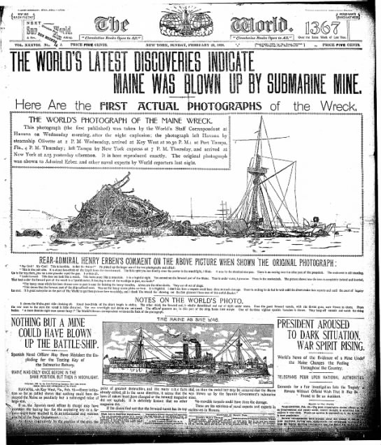 Newspaper headlines say "Nothing but a mine could have blown up" the Maine - 