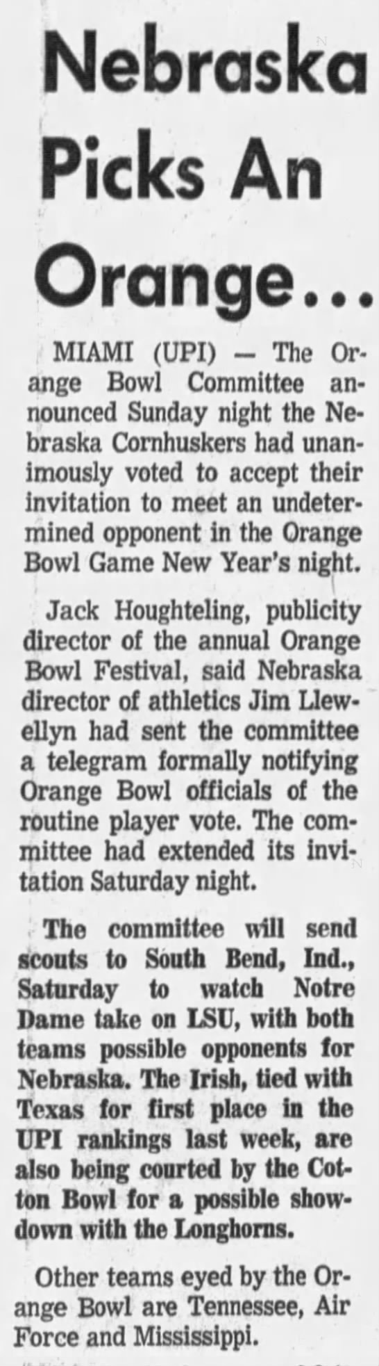 1970.11.15 Nebraska to Orange Bowl UPI - 