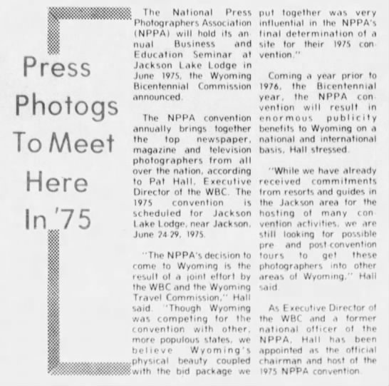 Press Photogs to Meet Here in '75, The Jackson Hole Guide (Jackson, Wyoming) 18 Apr 1974, page 20 - 