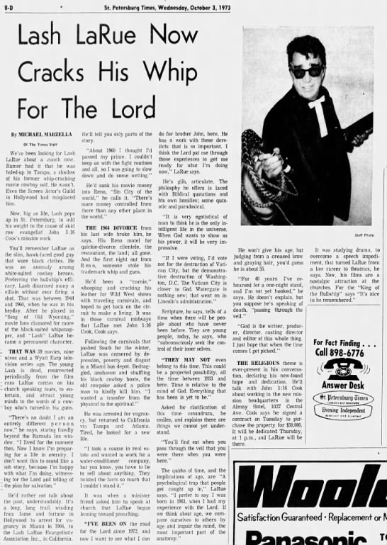 Western movie hero turned evangelist Lash LaRue "Now Cracks His Whip For The Lord". - 