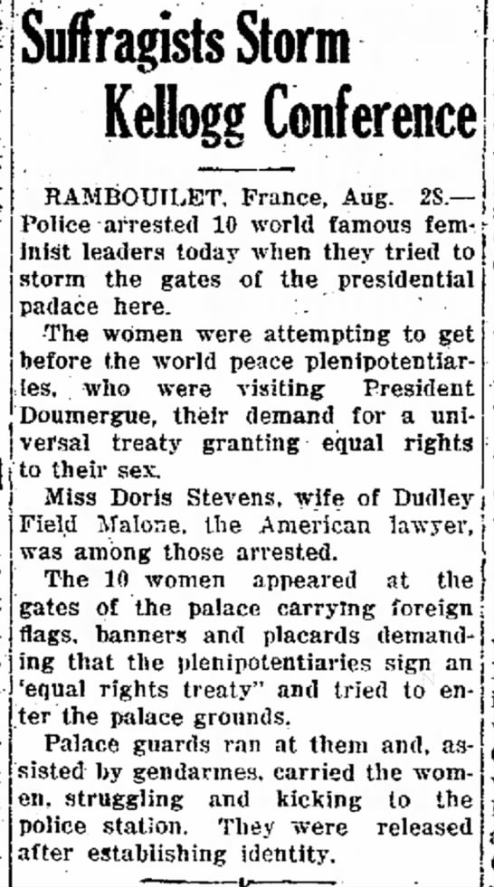 Suffragists Storm Kellogg Conference, Press-Courier (Oxnard, California), 28 August, 1928, p 1 - 