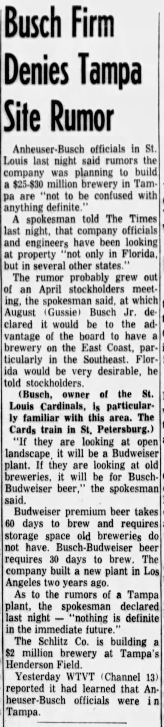 Rumors of possible Anheuser-Busch Brewers in Tampa, June 1957. - 