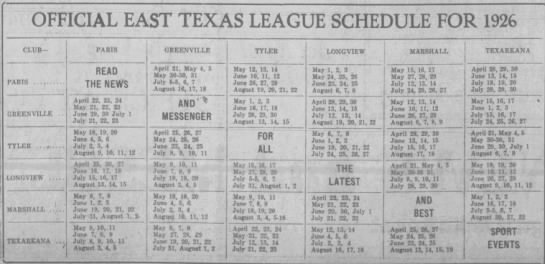 1926 East Texas League schedule - 