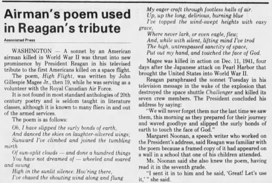 Ronald Reagan’s tribute to the Challenger disaster included a poem written by a WWII pilot - 