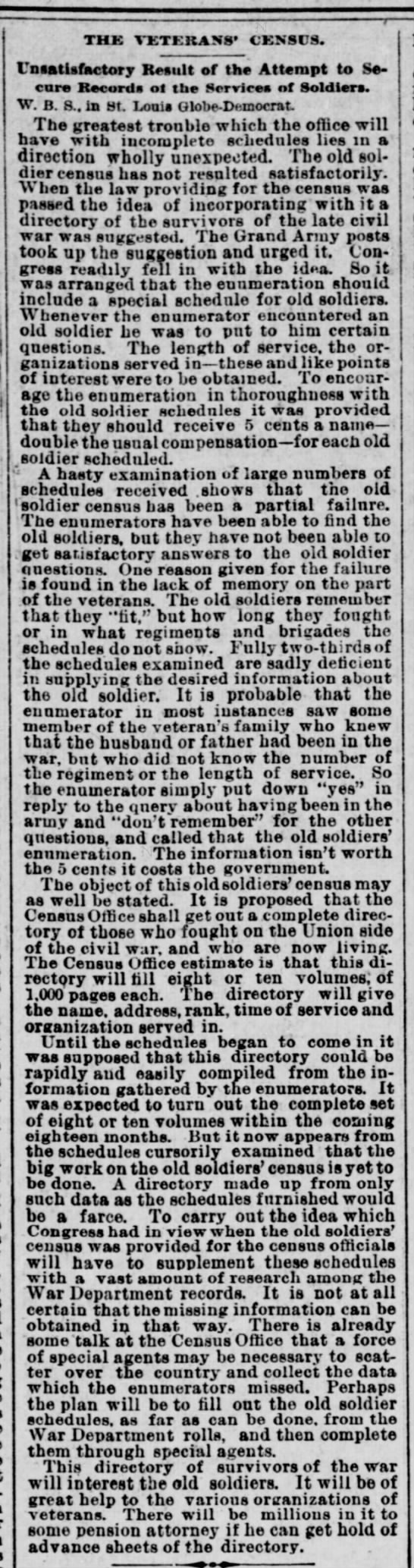 Description of challenges with the Civil War veterans schedules on the 1890 census - 