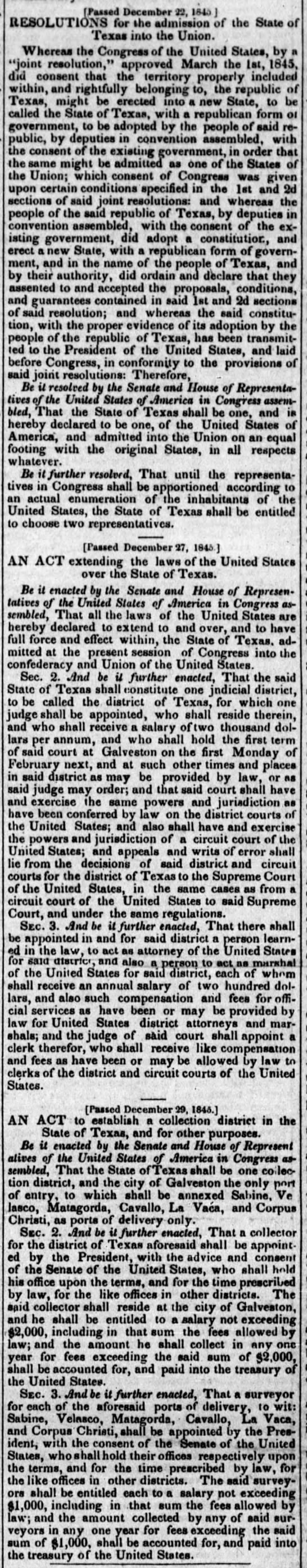 Congressional Resolution Admitting Texas into the Union - 