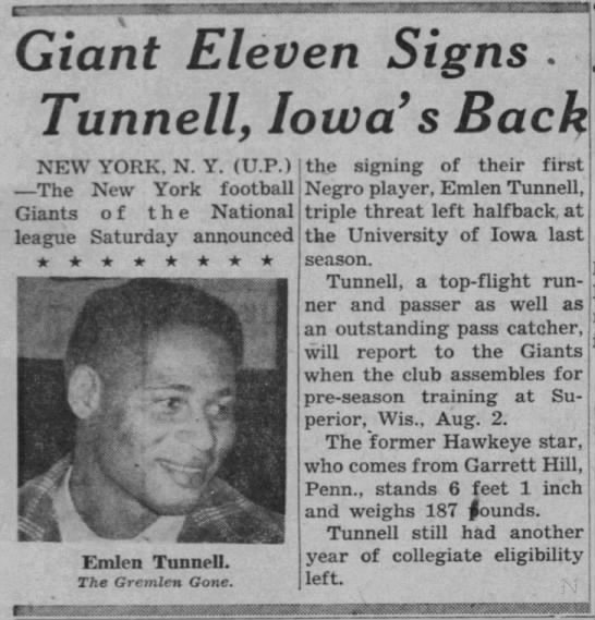 Giants Eleven Signs Tunnell, Iowa's Back - 