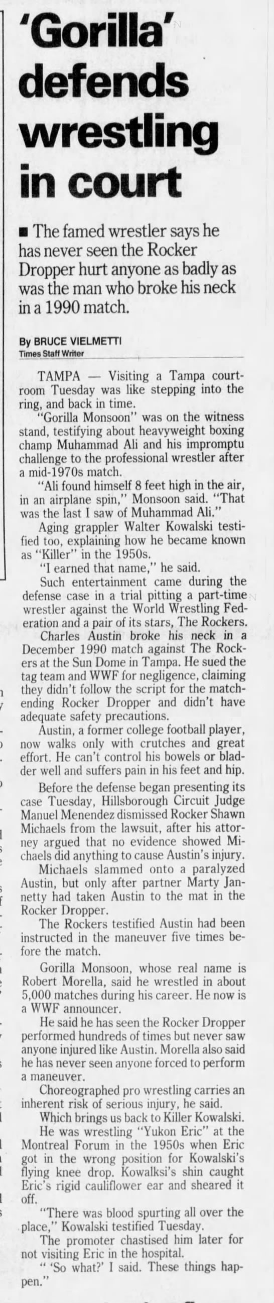 'Gorilla' defends wrestling in court (Tampa Bay Times 4/27/1994) - 