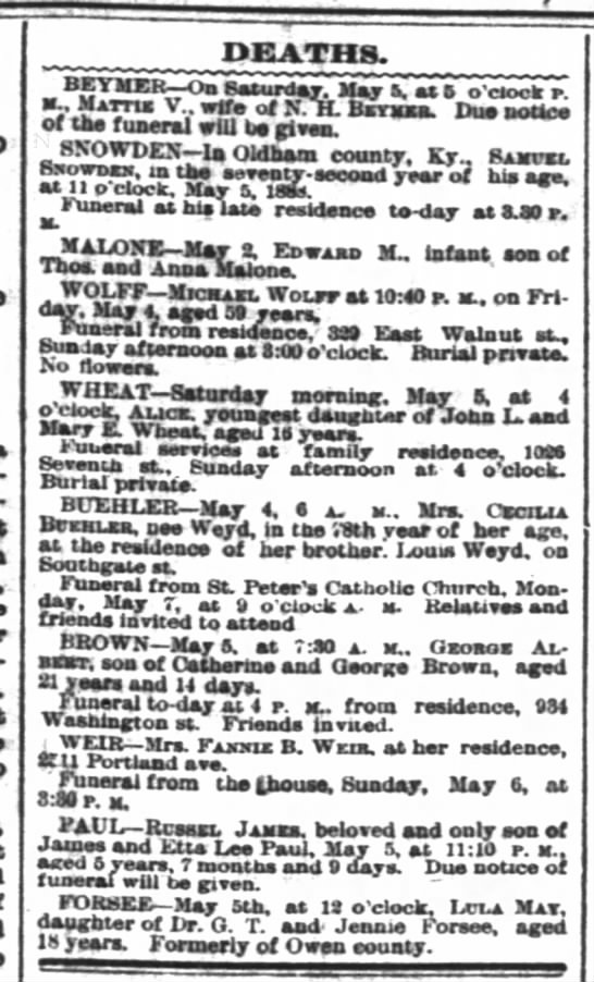 Louisville death notices, 6 May 1888 - 