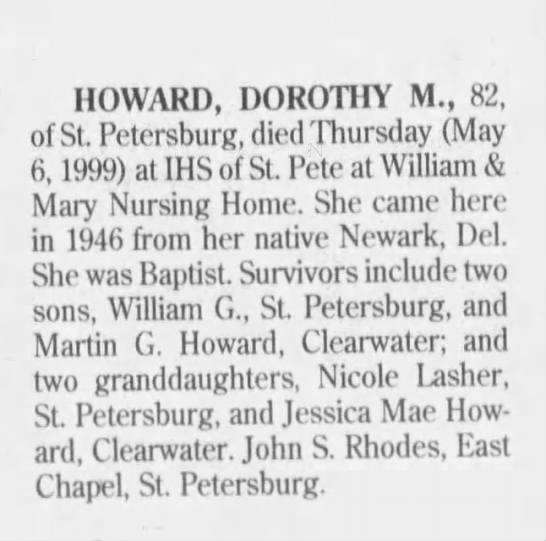 Harvey L. Baldwin's widow's obituary, Dorothy M. Howard - 