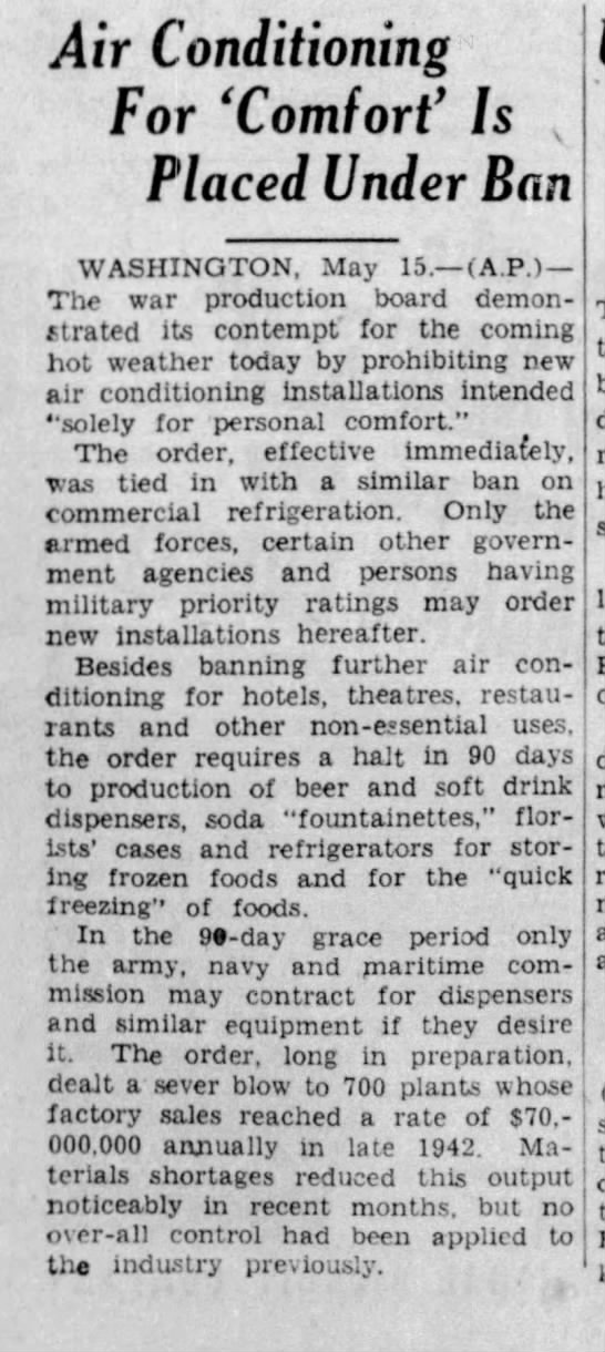 1942 Air conditioning for comfort banned - 