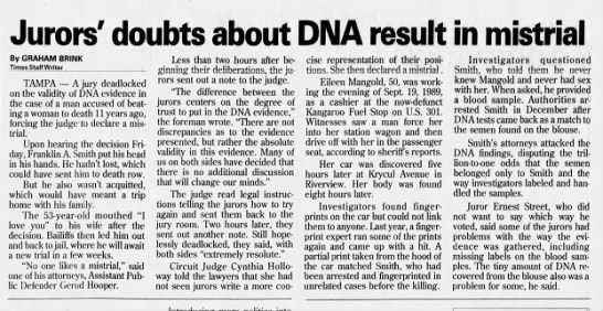 Jurors' doubts about DNA result in mistrial May 20, 2000 Tampa bay times - 