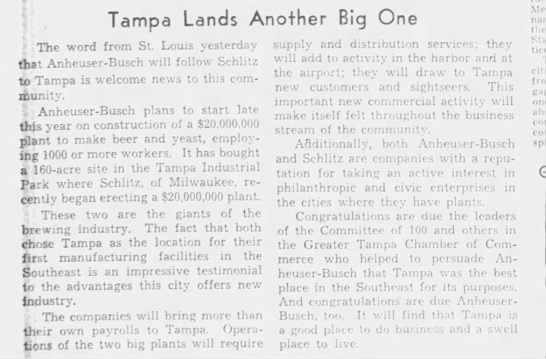 Announcement of Tampa Brewery in July 1957. - 