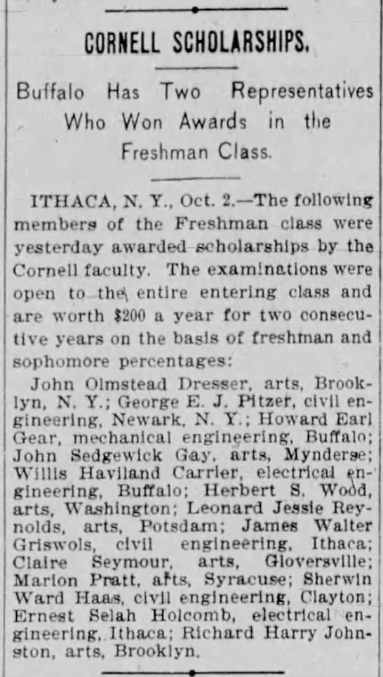 Cornell Scholarships; 2 Oct 1897; Buffalo Evening News; 4 - 