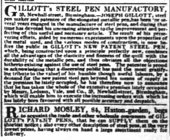 1832 - Earliest advertisement for Gillott's steel pen in The Times - 