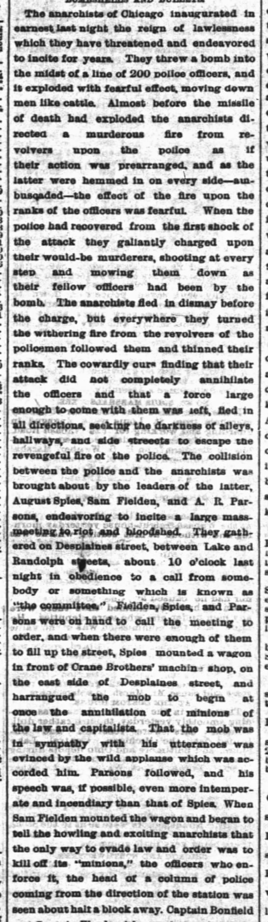 Sensationalist pro-police, anti-anarchist account of the Haymarket Riot,1886 - 