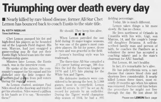 Triumphing over death every day: Nearly killed by rare blood disease, former All-Star Chet Lemon has - 