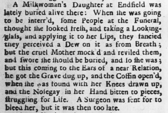 1729: Milkwoman's daughter buried alive - 