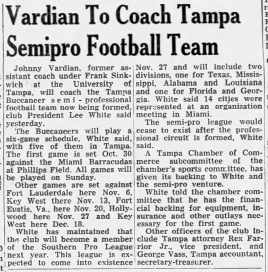 Vardian To Coach Tampa Semipro Football Team - 