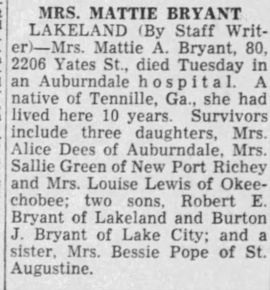 Obituary for Mattie A. BRYANT (Aged 80)
