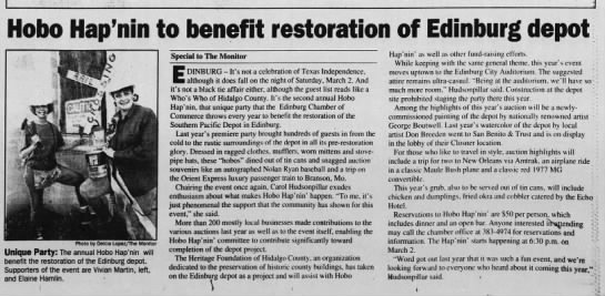 Hobo Hap’nin to Benefit Restoration of Edinburg Depot 18 February 1996 The Monitor - 