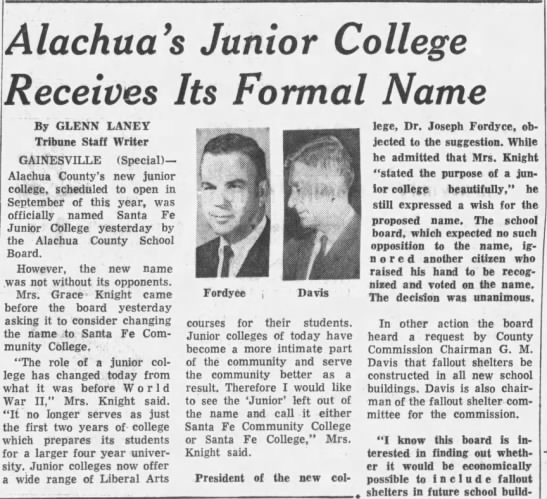 Glenn Laney, "Alachua's Junior College Receives Its Formal Name," 21 Jan 1966, B-1. - 