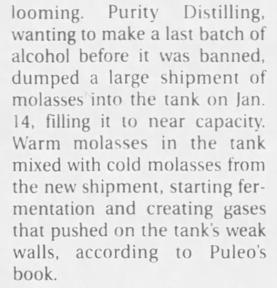 Warm Molasses added to tank of cold molasses that created gasses causing weak tank to burst - 