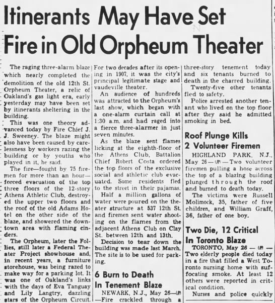 Fire in old Orpheum Theatre building - 
