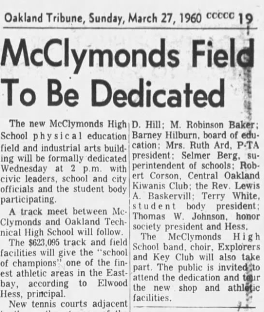 McClymonds Field To Be Dedicated - 