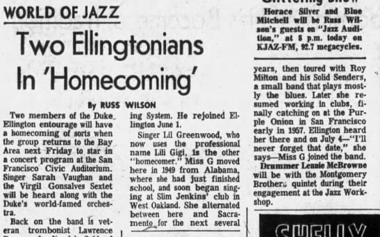 Lil Greenwood (Lili Gigi) -- started at Slim Jenkins, now with Duke Ellington - 
