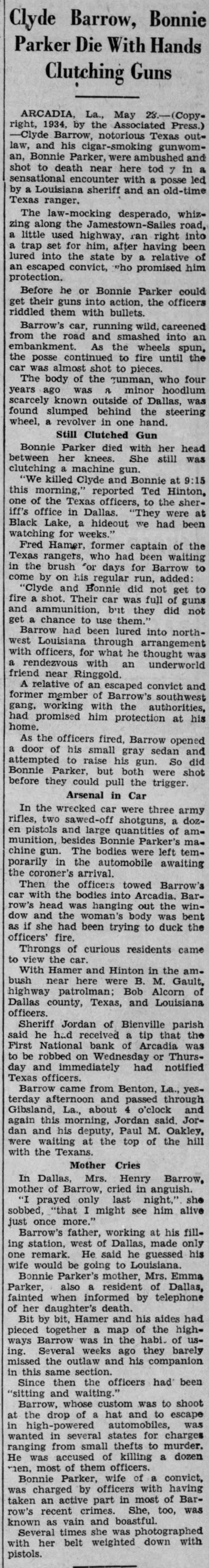 Newspaper account of Bonnie and Clyde being ambushed and killed by police - 