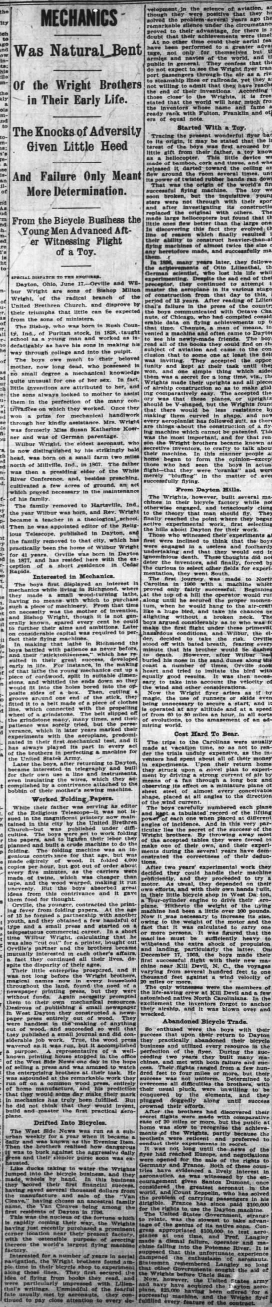 Biographical sketch of the Wright brothers early life featured in 1909 newspaper - 