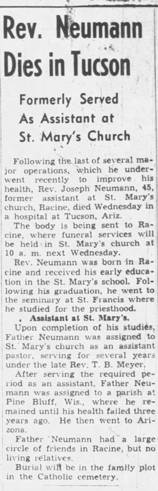 Rev. Joseph Neumann dies - 