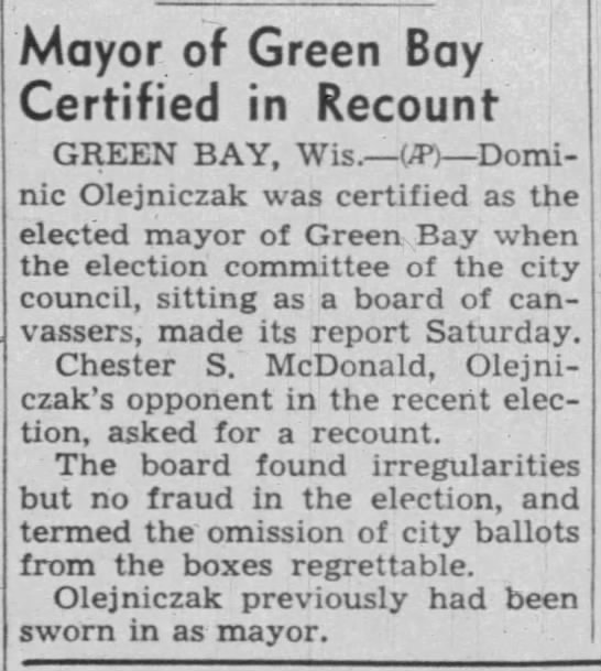 Mayor of Green bay Certified in Recount - 