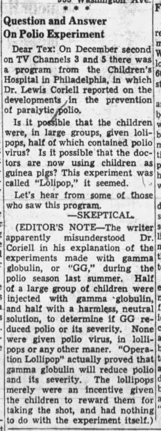 Question and Answer on Polio Experiment. The Journal Times. 4 December 1952 - 