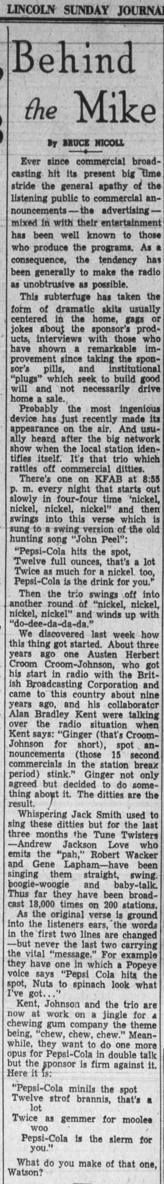 "Pepsi-Cola hits the spot.." jingle (1940). - 