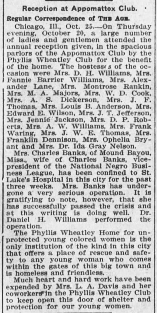 Reception at Appomattox Club. The New York Age (New York City, New York) October 27, 1910, p 3 - 