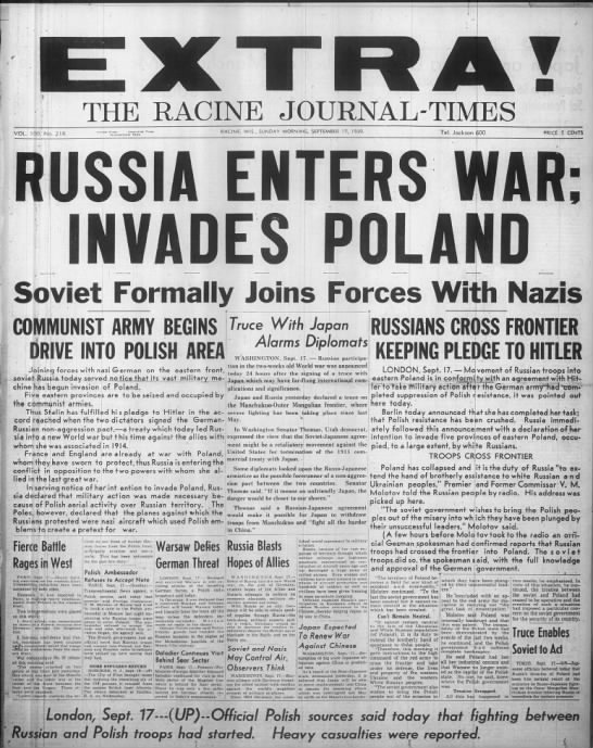 Soviet Union invades Poland from the east on September 17, 1939 - 