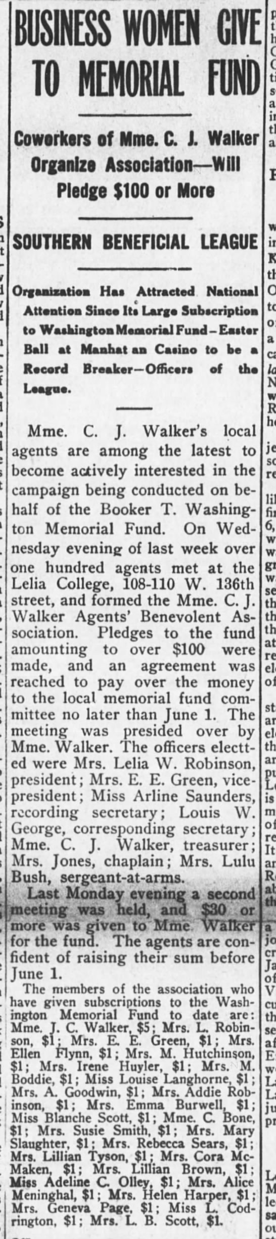 Madam C.J. Walker's employees donate to the Booker T. Washington Memorial Fund, 1916 - 
