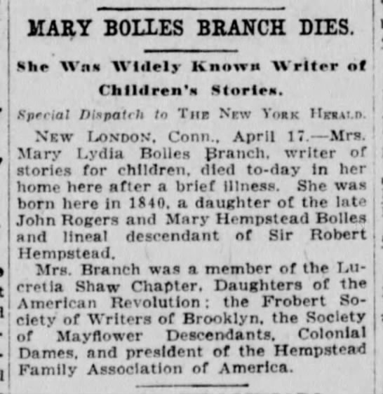 Mary Lydia (Bolles) Branch obituary - 