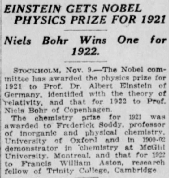 Albert Einstein is awarded the Nobel Prize for Physics in 1921 - 