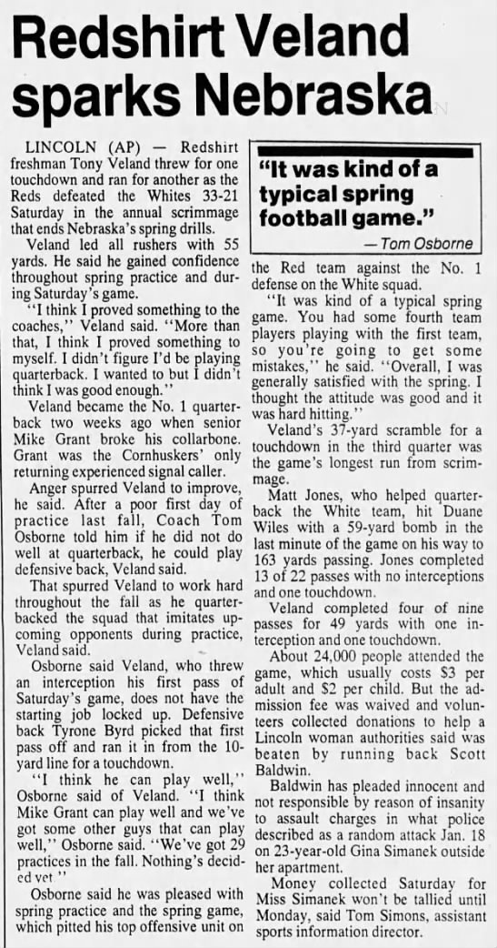 1992 Nebraska football spring game, AP story - 