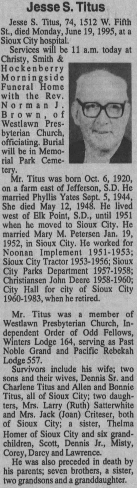 Obituary for Jesse S. Titus, 1920-1995 (Aged 74)